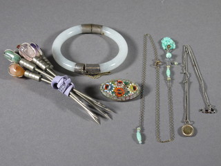 A jade coloured bangle, a micro mosaic brooch and 6 hat pins set  hard stones