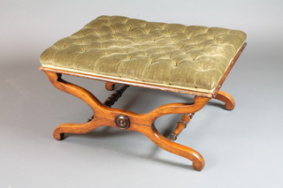 A Victorian simulated rosewood X frame stool with green dralon buttoned upholstery 15"h x 29"w x 22"d