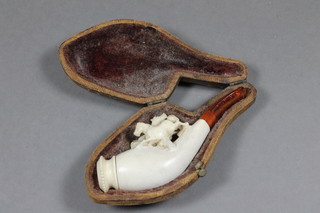 A carved Meerschaum cheroot holder decorated 2 running horses