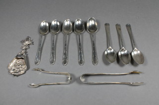 5 silver coffee spoons with matching tongs, Sheffield 1916, 3 rat tail pattern coffee spoons and tongs and a Dutch silver caddy  spoon, 4 ozs
