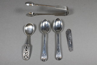 A pair of silver Old English pattern shooting trophy spoons, Sheffield 1910, together with a silver bladed fruit knife and a  white metal caddy spoon