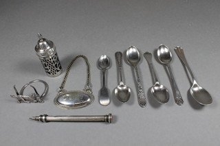 A silver menu holder in the form of a running fox, a silver pepperette and 4 silver teaspoons, 3 ozs and other plated items