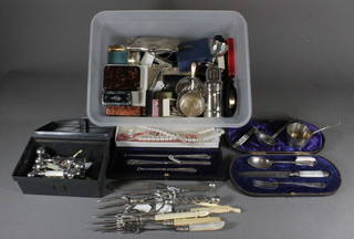 A collection of minor silver and silver plated cutlery together with snuff boxes, costume jewellery etc