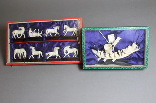 8 various Oriental carved ivory figures of horses and a carved ivory model of a dragon boat