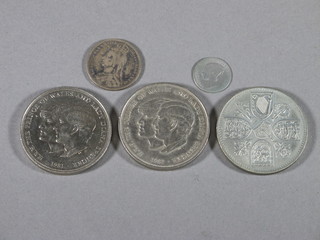 A Victorian silver thruppence, rubbed, a Victorian silver shilling  1890, a 1960 crown and 2 Charles & Diana wedding crowns