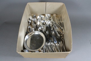 A quantity of various rat tail pattern silver plated flatware and a circular silver plated twin handled dish etc