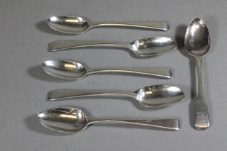 5 Georgian silver Old English pattern tea spoons London 1783  and a Victorian silver fiddle pattern tea spoon, 3 ozs