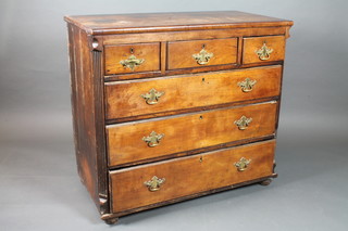 A Georgian oak and mahogany chest of 3 short and 3 long drawers with canted corners and brass drop handles, formerly the  top of a chest on chest, 36"h x 40"w x 20"d