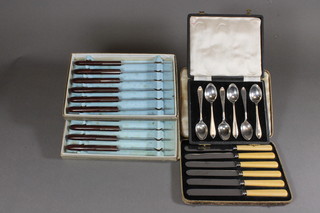 6 silver coffee spoons, Birmingham 1938, 2 ozs, cased, a set of 6  tea knives and 2 sets of 6 steak knives