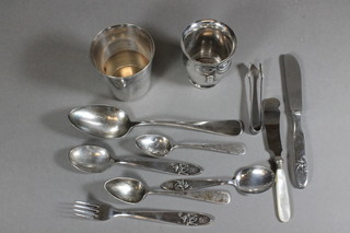 2 Continental beakers and a small collection of flatware