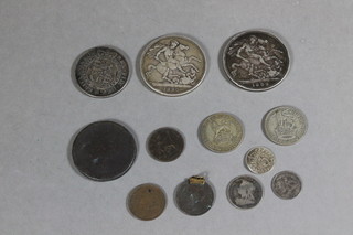 A George III 1817 half crown, 2 Victorian crowns 1890 and  1892 and a small collection of coins