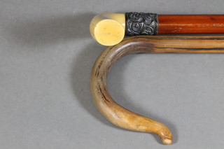 A lacquered cane with silver band and horn handle and 1 other  cane