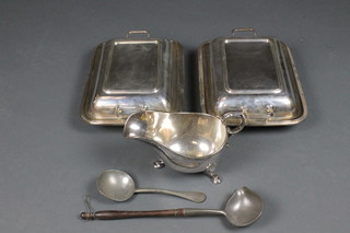 A pair of rectangular silver plated entree dishes and covers and other plated/pewter items