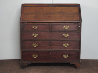 A George III mahogany bureau, the fall enclosing a fitted interior  above 2 short and 3 long graduated drawers, raised on shaped  bracket feet, af, 41"h x 38"w x 21"d