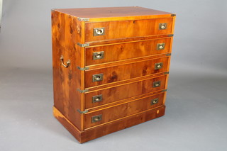 A yew Military style chest of 5 long drawers with brass counter  sunk handles, on bracket feet, 32"h x 30"w x 17"d