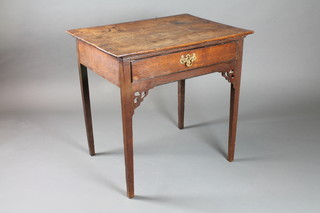 An 18th Century oak side table fitted 1 long drawer, raised on bracket feet 28"h x 29"w x 22"d