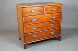 A pair of Georgian style mahogany inlaid satinwood chests of 2 long and 3 short drawers, raised on bracket feet 36"h x 37"w x  21"d