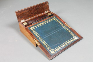 A Victorian rosewood writing slope fitted 2 square glass  inkwells, 3"h x 12"w x 9"d