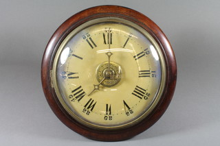 A 19th Century German postmans alarm wall clock, having  Roman and Arabic painted dial, set 30 hour movement with count wheel strike on bell, 12" diam. 13"h
