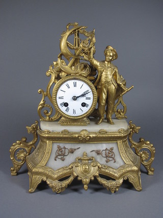 Of Maritime interest, a mid 19th Century French gilt spelter  figural mantel clock decorated a sailor with nautical motifs, set  Roman enamelled dial with 8 day movement having count wheel  strike on bell 14"h x 15"w