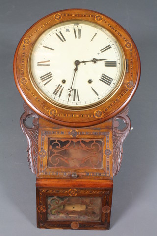 A 19th Century American walnut drop dial wall clock with  parquetry decoration, having a Roman painted dial, set 8 day  movement 29"h x 17"w