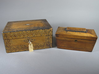 A Regency rosewood sarcophagus tea caddy, parcel ebonised, the hinged top enclosing 2 divisions, 5.5"h x 10"w x 5"d, together  with a Victorian walnut and parquetry box 6"h x 12"w x 8.5"d