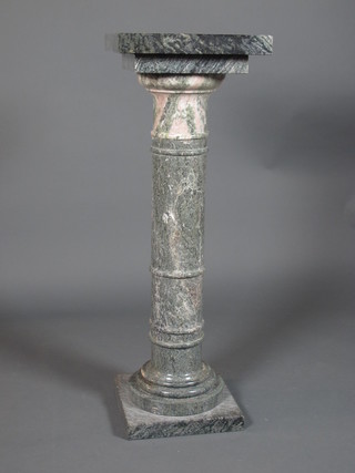 A green reconstituted marble plinth, having stepped square top on  a knopped column support, plinth base, 44"h x 16"w x 16"d