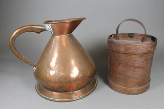 A cylindrical coopered jar and cover 7" and a copper gallon  harvest measure