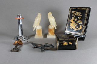 An Art Deco chrome candlestick 6", a pair of carved alabaster ornaments in the form of parrots, a lacquered finished cigarette  box etc