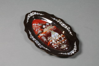 An Oriental boat shaped lacquered tray inlaid mother of pearl 19"