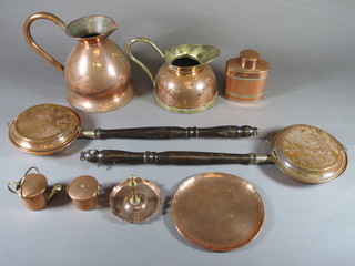 An oval Bavarian copper caddy 3", a reproduction copper harvest  measure, a copper and brass jug, small collection of copper items