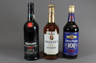 A bottle of 1974 Taylor's Late Bottled Vintage Port, a bottle of  Walkers Deluxe Bourbon 70% and a 26 fl oz bottle of Captain  Morgan's 101 Navy Proof Rum