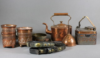 An oval copper kettle 5", a square copper kettle 4" and a small collection of brassware