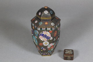 A Japanese cloisonne enamel octagonal vase decorate  chrysanthemums 6" and a square Japanese bronze pill box 1"