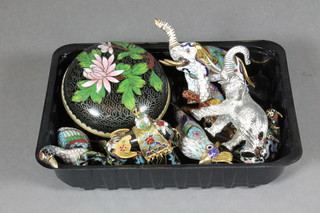 A circular black ground cloisonne enamelled jar and cover 3" and  6 miniature cloisonne figures of animals