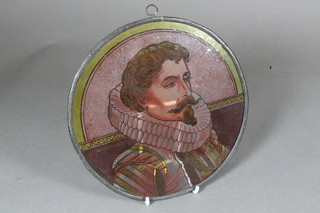 An 18th/19th Century circular painted glass panel depicting gentleman with ruff 8"