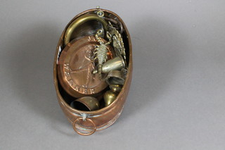 An oval copper planter 8", 2 Pratts brass petrol can lids, an oval copper Johnnie Walker ashtray and other brass curios