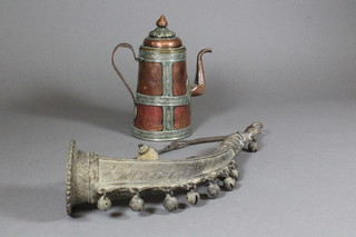 An 18th Century Safavid style copper and white metal hot water  pot and cover 7" high together with a metal horn  ILLUSTRATED