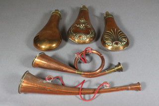 3 various copper shot flasks and 2 copper hunting horns