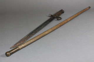 A Continental bayonet with 15" blade, corroded, together with a  swagger stick marked 45 Fd.Pk Squadron Royal Engineers