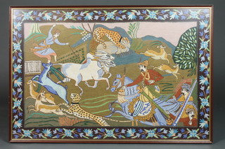 A Kashmiri embroidered panel decorated a hunting scene 24" x  26"