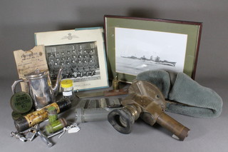 A Military issue Mappin & Webb silver plated hotwater pot  together with sundry Military pen knives, a tank telescope etc
