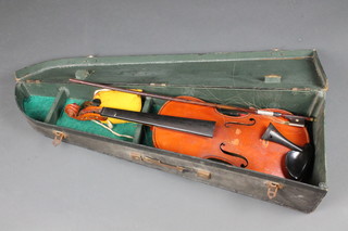 A facsimile Stradivarious violin labelled Antonus Stradivarius Cremonensis Fecit Anno 1729, with 2 piece back 15", complete  with bow and carrying case