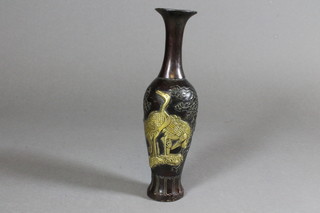 A Japanese club shaped bronze vase, the base with 4 character  mark 7.5"