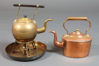 A Christopher Dresser style tea kettle and stand, a Victorian oval copper teapot and a brass dish