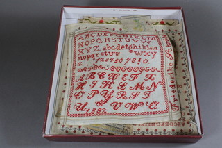 A wool work sampler by Annie Bennett aged 11, 1863, 1 other  aged 13 1865 and 1 other by Elizabeth Pearce aged 8 together  with 3 other samplers, framed