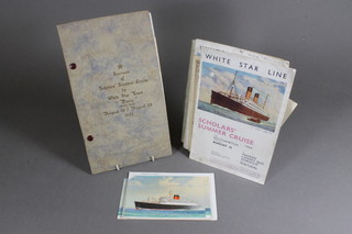 A quantity of White Star cruise ephemera including the souvenir of the scholars summer cruise by White Stars Doric 15-20 August  1934, souvenir programme, passenger list, cruise map, list of  light houses, a copy of the Ocean Times May 27 1934 and  various other White Star related ephemera
