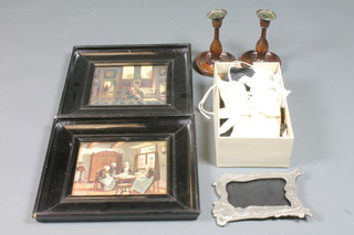 A pair of turned wooden candlesticks with metal sconces 8", a  white Marsella evening waistcoat and various evening gloves