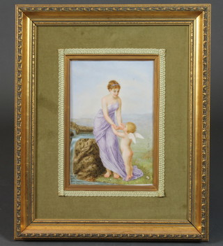 A late 19th Century Berlin porcelain plaque decorated a female classical figure in diaphanous robes attending an Amorini within  a romantic landscape, bears signature for Jenny Jacob, dated  1883, 10.5"h x 7"w  ILLUSTRATED