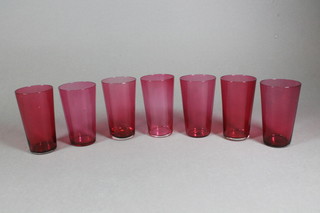 7 cranberry glass beakers 4"